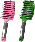 2 PACK Boar Bristle Hair Brush No Pull Curved Vented Hair Brushes Detangler Brush Fast Blow Drying Hair Brush for Kids Men Women Wet Dry Long Thin Thick Curly Tangled Hair (pink+green) by MOODKEYbrand