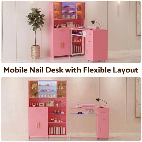 Manicure Table with Dust Collector and LED Display Cabinet (Pink) - Image 3