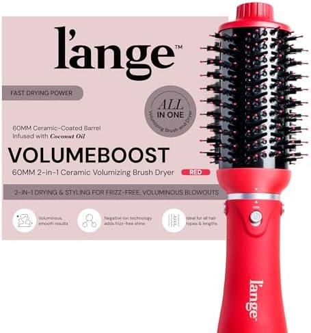 L'ANGE HAIR VolumeBoost 60mm 2-in-1 Ceramic Volumizing Brush Dryer | Fast Drying & Styling for Frizz-Free, Voluminous Blowouts | Ceramic-Coated Barrel (Red) by LANGEHAIR