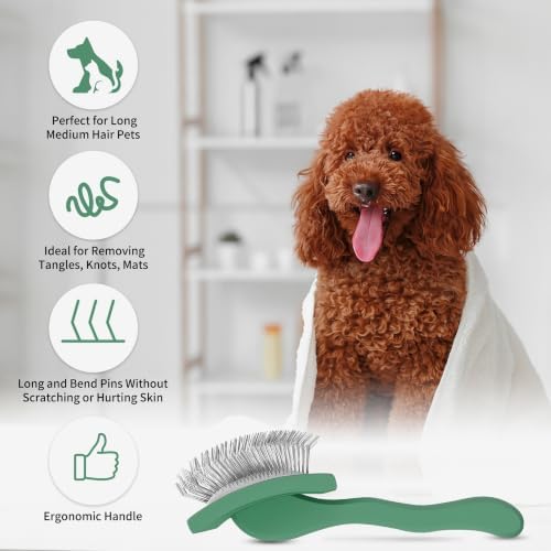 Long Pin Slicker Brush & Dog Comb Set for Doodles Grooming, Green - Image 3