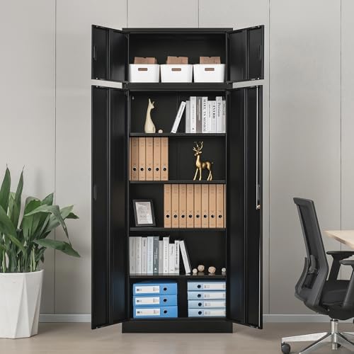 Wanfu Metal Storage Cabinet, 87" H x 32" W x 16" D Locking Storage Cabinets with 4 Adjustable Shelves and Top Cabinet for Office, Garage, Home-Black - Image 2