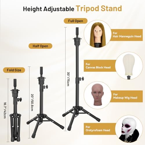 Mannequin Head Human Hair, 90% Human Hair with Tripod Stand, 23" Makeup Mannequin Cosmetology Manikin Practice Doll Head with Stand, Face Gems, Braiding Hairdressing Head for Hair Styling with Table Clamp + DIY Hair Styling Set - Image 7