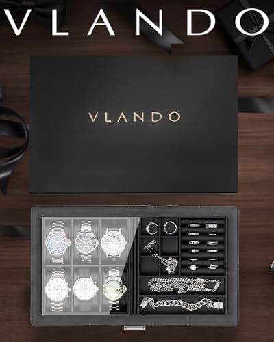 VLANDO 6-Slot Watch Box for Men, Lockable 2-Layer Organizer with Glass Lid, Textured Leather Case for Watches, Rings, Bracelets and Glasses, Gift for Husband or Dad - Image 3