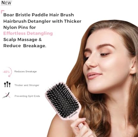 EAGLE FORTRESS Boar Bristle Paddle Brush for Long & Thick Hair, Pink - Image 3