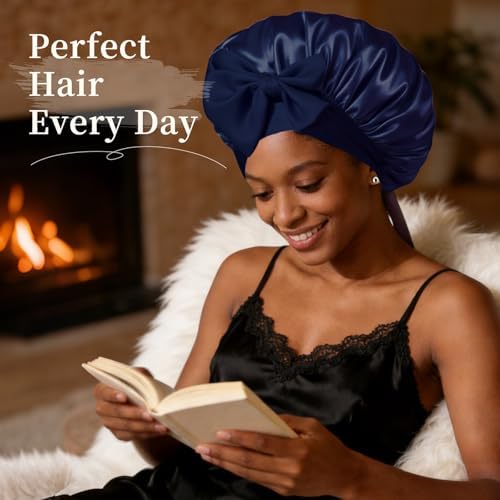 Silk Bonnet Satin Bonnet for Sleeping Large Bonnets with Tie Band Hair Wrap with Adjustable Straps Hair Cap for Women Curly Hair Blue - Image 3