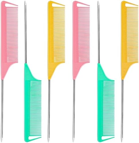 6 PCS Rat Tail Hair Parting Combs - Steel Pin Rat Tail Teasing Fine Tooth Comb Set for Women,Rattail Styling Metal Comb with Stainless Steel Pintail,Carbon Heat Resistant Comb for Curly Braiding Hair by FIRSTPELLA