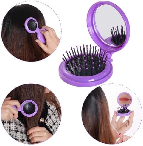 Heliltd 2pcs Folding Travel Mirror Pocket Hair Brushes, Round, Purple Black - Image 3