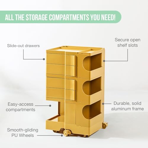 Multipurpose Utility Storage Cart - ABS Plastic Storage Caddy with Wheels and Slide Out Drawers - Professional Trolley Cart - Mobile Caddy for Salon Supplies, Kitchen Needs, Medical Tools - Mustard - Image 4