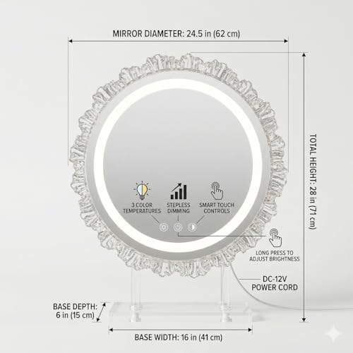 16" Hollywood Round Vanity Mirror with Lights, 3-Color LED Light Modes, Dimmable Makeup Mirror with Smart Tap Panel, 360° Rotating Lighted Mirror for Dressing Table - Image 5