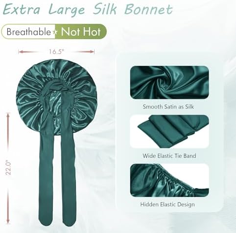 Bonnet Queen Silk Bonnet for Sleeping Large Bonent Satin Bonnet Hair Bonnet Satin Cap Night Sleep Bonnet for Braids Bonnet with Tie Band fort Women Curly Green - Image 3