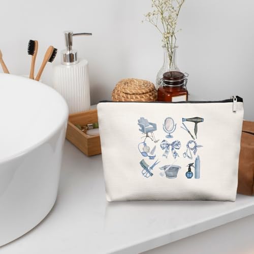 Blue Chinoiserie Bow Hairstylist Makeup Bag, Cosmetology Student Gift for Women, Cute Hairdresser Travel Pouch, Aesthetic Blue Toile Salon Organizer for Teen Girls, 7.5 x 10 in - Image 4