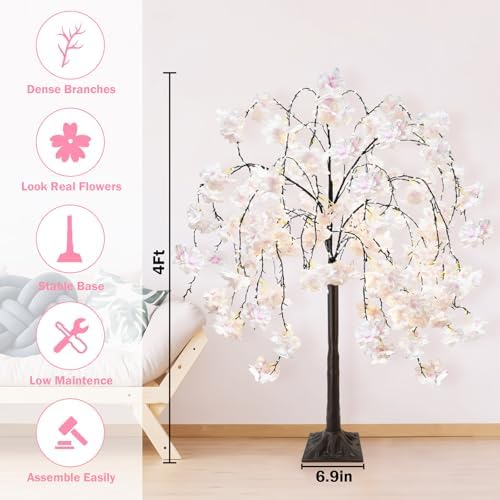 obbsie 4FT Cherry Blossom Tree with 360 LED Fairy Lights Artificial Lighted Tree with 8 Lighting Modes Light Up Pink Tree with Faux Flowers for Spring Wedding Party Indoor Outdoor Decor - Image 2