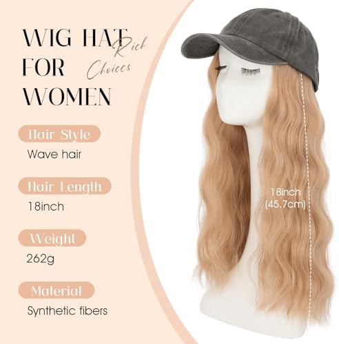 Rich Choices Hat Wigs for Women,Dark Gray Baseball Cap with Hair Extensions for Women,Caps with Wavy Curly Synthetic Long Hair Attached Adjustable Baseball Cap Wig 18 Inch Light Blonde Hair - Image 2