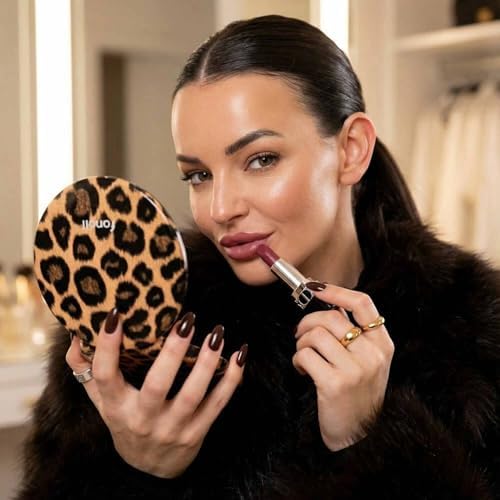 Fancii Taylor LED Lighted Travel Makeup Mirror, Rechargeable, 10x /1x Magnifying, Tru-Glow Lighting System, XL Large 5” Wide | Compact Mirror for Purses (Cheetah Chic) - Image 2