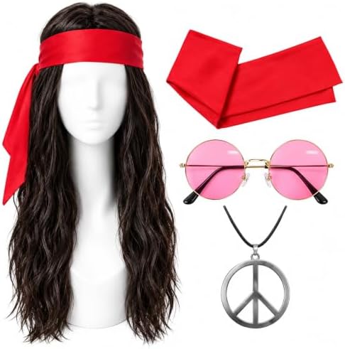 Bvrbaory Hippie Accessories for Men,4 Pcs Retro Hippie Costume Set with Hippie Wig,Sunglasses,Peace Necklace and Headband,60s 70s Disco Style,80s Retro Party,Halloween Fancy Dress by Bvrbaory
