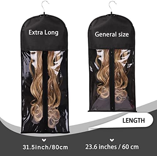 3PCS Extra Long Hair Extension Storage Bag Hairpieces Storage Holder with Wooden Hanger Dust-proof Portable Suit with Transparent Zip Up Closure- Light weight, Waterproof and Portable (Black) - Image 3