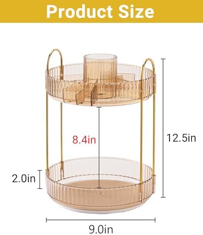 Asayuee 360 Rotating Makeup Organizer,2 Tier Large Capacity Make Up Organizers and Storage,Skincare Perfume Vanity Organizers,Bathroom Cosmetics Storage Organizer Countertop(Gold) - Image 4