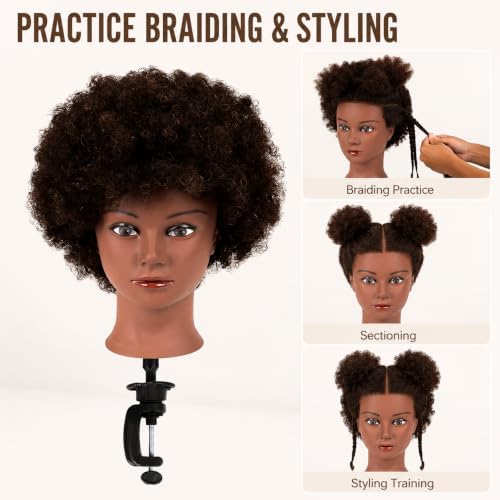 Afro Curly Mannequin Head with 100% Human Hair Curly Hair Hairdresser Hair Styling Cosmetology Manikin Head Doll head for Hairdresser Practice Styling Dye Braiding with Clamp Stand - Image 4