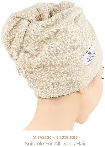 American Soft Linen 100% Cotton Hair Towels for Women, Head Towel Cap, Cotton Hair Turban Towel Wrap for Long Curly Anti Frizz Hair, Soft and Absorbent Cotton Hair Towels 2 Pack, Beige - Image 3