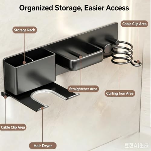 4-in-1 Hair Tool Organizer, Wall Mount Hair Dryer Holder, Black - Image 5
