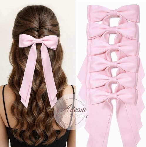 6PCS Pink Hair Bows, Large Ribbon Bow Hair Clips for Girls Women Cute Ponytail Holder Accessories for Toddlers Kids Teens - Image 6