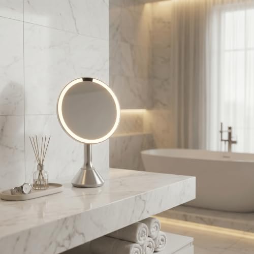 simplehuman 8" Round Sensor Makeup Mirror with Touch-Control Dual Light Settings, 5x Magnification, Rechargeable and Cordless, Brushed Stainless Steel - Image 2