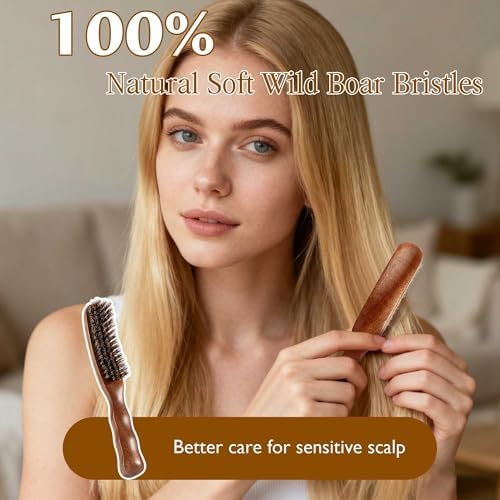 STYLEMATE Boar Bristle Slick Back Hair Brush, Medium/Soft Bristle Hair Brush for Thin & Fine Hair, Smoothing Hairbrush for Women Men Kid, Lightweight Sapele Wooden Handle - Image 5