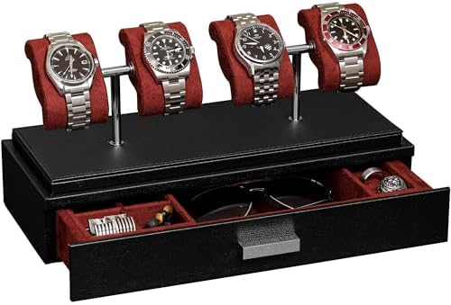 ROTHWELL Luxury Watch Display Case for 4 Watches – Leather Watch Box with Acrylic Cover and Removable Slide in Cushions – Accessory Drawer with Multiple Configurations (Black/Red) by RothwellSanFrancisco