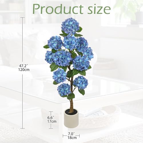Hollyone 4FT Blue Hydrangea Artificial Flowers Tree Large Real Touch Faux Silk Hydrangea Plants Potted Fake Flower in White Pot for Home Indoor Outdoor Front Porch Garden Entrance Living Room Decor - Image 2