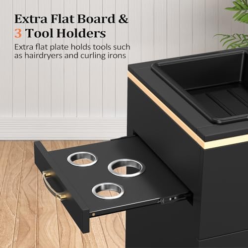 Salon Station Barber Station, Black Salon Stations for Hair Stylist, Hair Storage Cabinets with a Storage Basin, 3 Drawers & 3 Hair Dryer Holders, Beauty Salon Spa Equipment - Image 3