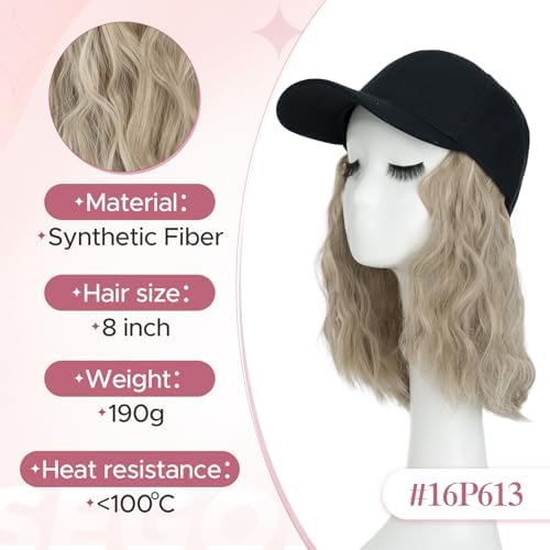 SEGO Baseball Cap with Hair Extensions for Women Heat Resistant Synthetic 8" Adjustable Long Curly Hairpiece Replacement Wigs in Black Hat for Girls 16P613 Ash Blonde Mix Bleach Blonde - Image 5
