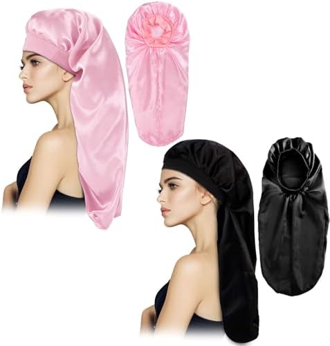 2Pcs Long Satin Bonnet Sleep Caps, Braids Bonnet, Black+Pink - Image 3