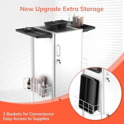 TASALON Upgraded Lockable 5-Tray Salon Cart with 2 Holders & Baskets, White - Image 4