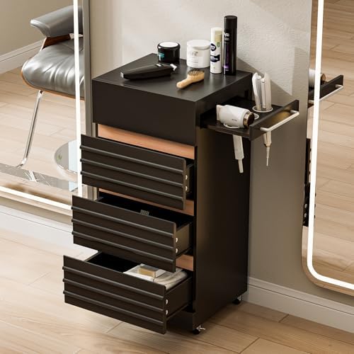 Salon Trolley Cart with Lockable Wheels, Rolling Hair Cart with 3 Dryer Holders for Hair Stylist, Wall Mount Makeup Organizer Stations Cabinet for Beauty Spa Barbershop Tattoo (Black) - Image 2