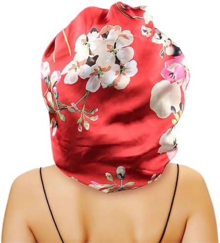 Large Round Satin Bonnet for Sleeping, Double-Layer Elastic Hair Bonnet with Silky Tie Band for Women Braids/Curly/Long Hair - Red Floral by senthair