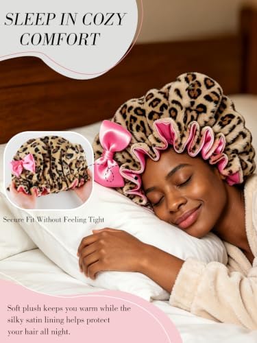 Plush Satin Bonnet for Sleeping with Bow, Cozy Winter Bonnet - Image 3