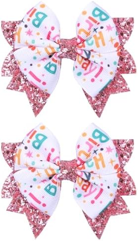 3.5" Birthday Bow Hair Clips for Girls 1 2 3 4 5 6 Years Glitter Pink Ribbon Bowknot Barrettes Alligator Pins for Teens ToddlerKids Happy Birthday Party Dress Decor Accessories Gift by KCHIES-AccessoryCollection
