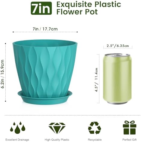 Meowell 7 inch Plant Pots for Indoor Outdoor Plants, 5 Pack Thick Flower Pots with Drainage Holes and Saucers, 3D Modern Wave Texture Plastic Planter Pots for Nursery and House Plants, Blue Green - Image 2