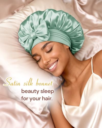 BONNET QUEEN Double Layer Silk Bonnet for Sleeping for Women Satin Bonnet Night Cap for Curly Hair with Tie Band, Sage Green - Image 2