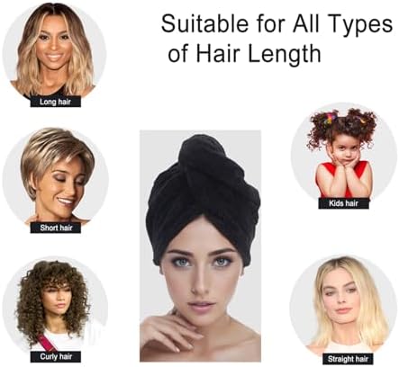 Microfiber Hair Towel Wrap for Women, 2 Pack Super Absorbent Quick Dry Hair Towels with Button, Soft Hair Turban Towel for Curly & Long Hair (Black and White) - Image 4