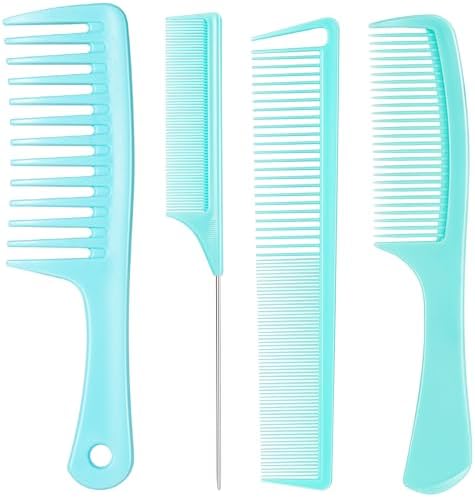SALONSILK Mint Green 4PCS Professional Comb Set, Wide Tooth Rat Tail Fine Tooth Hair Combs, Braiding Cutting Barber Styling Curly Parting Set for Men and Women by SalonSilk
