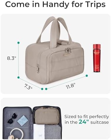 BAGSMART Travel Toiletry Bag, Crush Toiletry Bag for Women, Wide-open Puffy Toiletry Bags for Traveling, Large Travel Cosmetic Makeup Bag Organizer for Accessories,Toiletrie, Grayish Brown - Image 2