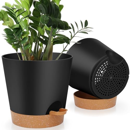 YNNICO 8-Inch Plant Pots, Self-Watering Planters with Drainage Holes & Saucers for Indoor and Outdoor Plants (2-Pack,Black) by AFamilyofGardenLovers