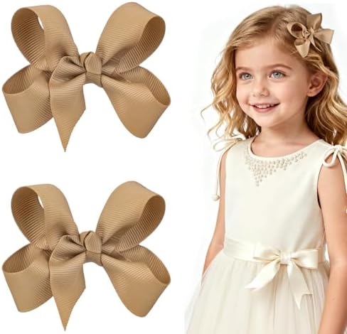 3 Inch Latte Hair Bow Clips for Girls - Set of 2 by Ronger2000