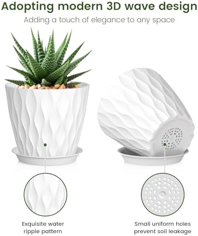 Meowell 5 inch Plant Pots for Indoor Outdoor Plants, 6 Pack Thick Nursery Pots with Drainage Holes and Saucers, 3D Modern Wave Texture Small Plastic Planter Flower Pots for Succulent, Herb, White - Image 3
