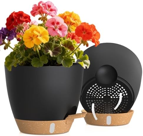 Self Watering Pots with Drainage Holes, 2 Pack 8 Inch Plant Pots with Water Level Indicator Deep Reservoir, Large Plastic Planter for Indoor Outdoor Plants - Black Brown by KUGAZ