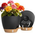 Self Watering Pots with Drainage Holes, 2 Pack 8 Inch Plant Pots with Water Level Indicator Deep Reservoir, Large Plastic Planter for Indoor Outdoor Plants - Black Brown by KUGAZ