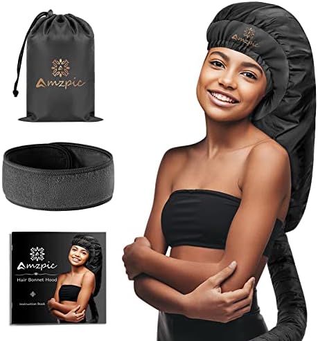 Bonnet Hair Dryer Attachment - Bonnet Hood Dryer with Headband that Reduces Heat Around Ears and Neck, Use for Hair Styling, Hair Drying, Curling and Deep Conditioning (Extended Version, Black) by Amzpic