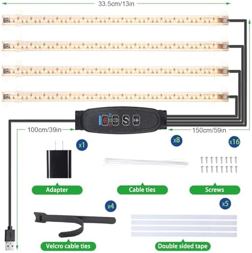 RWNTAO Plant Growing Lamp Strips, Full Spectrum 3500K for Indoor Plants LED Grow Light with 3/9/12H Timer and 10 Dimmable Levels for Green House Hydroponics Succulent, 4 Head 13 in - Image 6