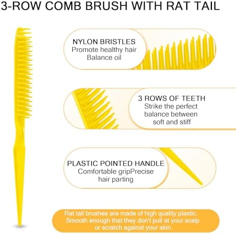 SIMPOR 3 Row Hair Comb for Natural Detangling Curly, Hair Styling Brush, Nylon Bristle Unbraider Teasing Rat Tail Comb for Women Men Yellow - Image 2